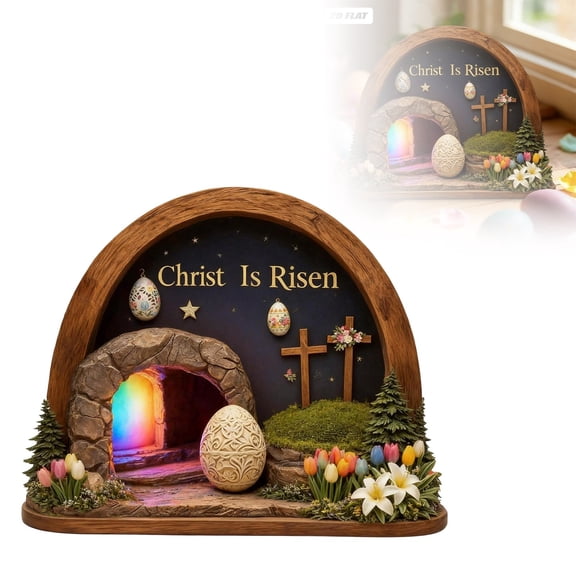He Is Risen Easter Night Scene Wooden Tomb Decor With Cave, Easter Resurrection Scene Set, Christian Resurrection Display For Home, Religious Spring Table Decoration 4.7" Home Decor