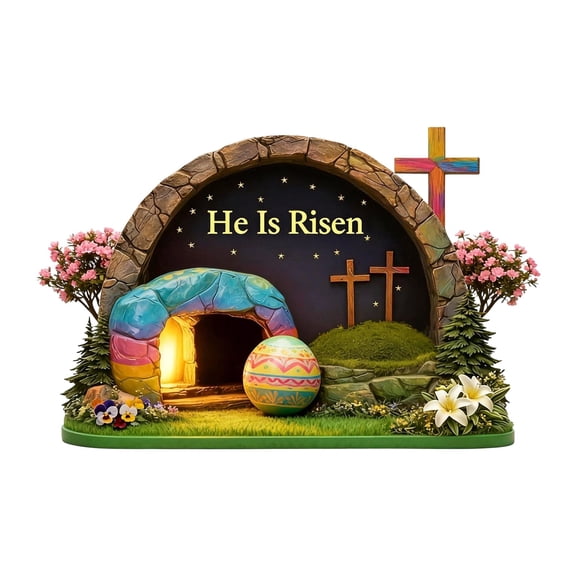 He Is Risen Easter Night Scene Wooden Tomb Decor With Cave, Easter Resurrection Scene Set, Christian Resurrection Display For Home, Religious Spring Table Decoration 4.7"