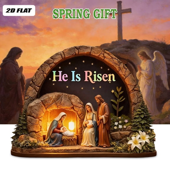 He Is Risen Easter Night Scene Wooden Tomb Decor With Cave, Easter Resurrection Scene Set, Christian Resurrection Display For Home, Religious Spring Table Decoration 4.7" Home Decor