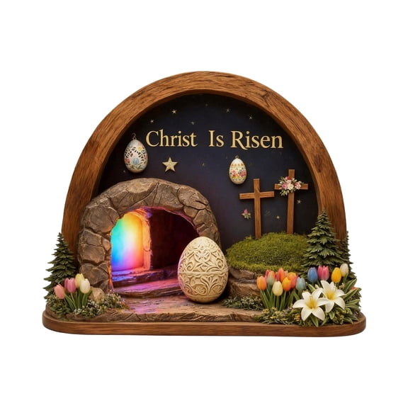 He Is Risen Easter Night Scene Wooden Tomb Decor With Cave, Easter Resurrection Scene Set, Christian Resurrection Display For Home, Religious Spring Table Decoration 4.7"