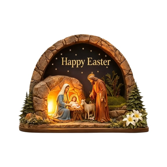 He Is Risen Easter Night Scene Wooden Tomb Decor With Cave, Easter Resurrection Scene Set, Christian Resurrection Display For Home, Religious Spring Table Decoration 4.7"