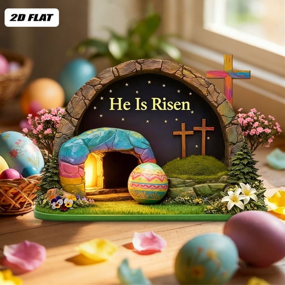 He Is Risen Easter Night Scene Wooden Tomb Decor With Cave, Easter Resurrection Scene Set, Christian Resurrection Display For Home, Religious Spring Table Decoration 4.7" Home Decor
