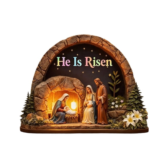 He Is Risen Easter Night Scene Wooden Tomb Decor With Cave, Easter Resurrection Scene Set, Christian Resurrection Display For Home, Religious Spring Table Decoration 4.7"