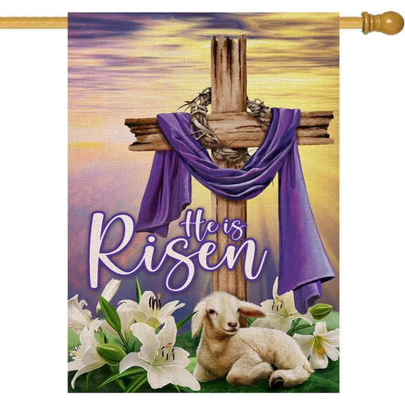 He is Risen Easter Religious Large Decorative House Flag, Cross Faith Lily Sheep Yard Garden Outside Decor, Spring Farmhouse Outdoor Home Burlap Decoration Double Sided 28 x 40