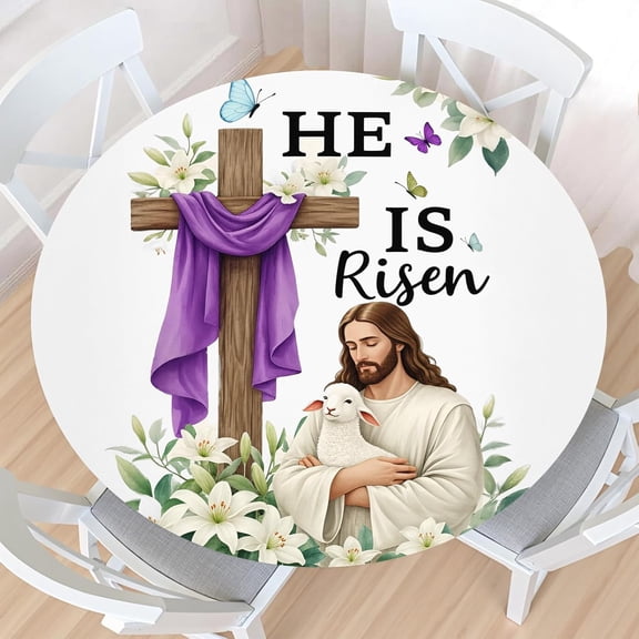 He is Risen Easter Round Fitted Tablecloth with Elastic Edge,Waterproof Wipeable Jesus Lamb Cross Lily Flowers Christian Spring Table Cover for 48-52" Stretch Table Cloth for Dinner Indoor Outdoor