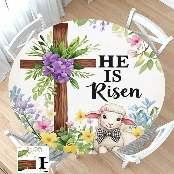 He Is Risen Easter Round Fitted Tablecloth with Elastic Religious Cross Christian Wreath Circle Table Cloth for 48-52" Tables Reusable Wipeable Spring Easter Table Cover for Farmhouse Outdoor Party