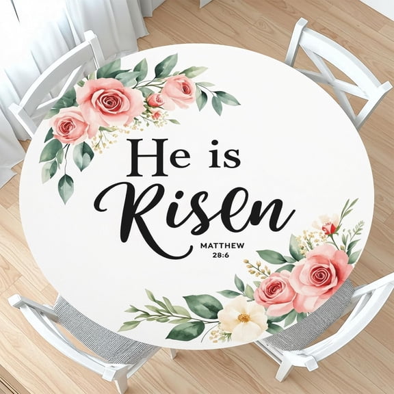 He Is Risen Easter Round Fitted Tablecloth with Elastic Religious Wreath Circle Table Cloth for 40-44" Tables Reusable Wipeable Rose Floral Christian Table Cover for Party Picnic Outdoor Decor