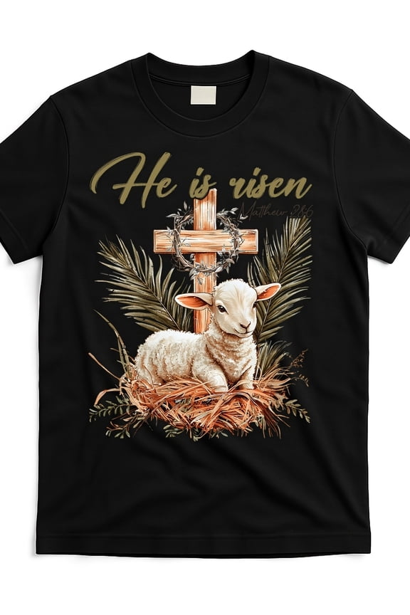 He Is Risen Easter T-Shirt Matthew 28:6 Scripture Cross Lamb Graphic Tee, Inspiring Christian Faith Religious Apparel, Spiritual Spring Holy Week Celebration Shirt for Men & Women
