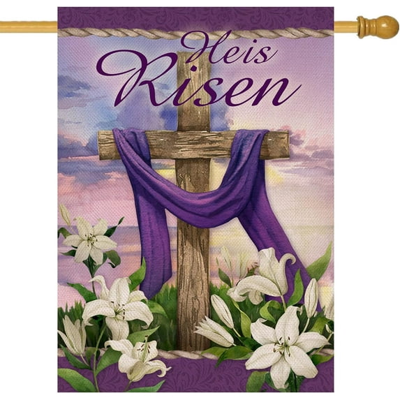 He is Risen Easter Wooden Cross Lily Flower Decorative Garden Flag, Faith Hope Religious House Yard Outside Decorations, Spring Purple Floral Holiday Outdoor Small Decor 28x40