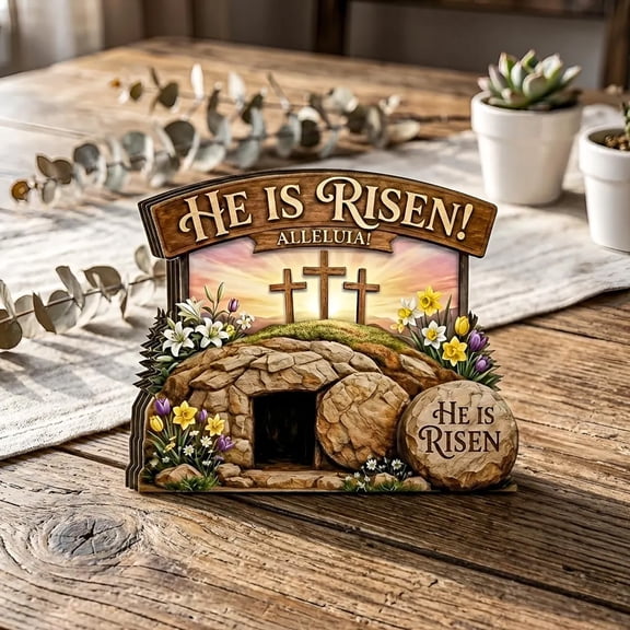He Is Risen Easter Wooden Decor with Resurrection Scene and Three Crosses, Engraved “He Is Risen” for Spiritual Home Display, Holiday Table Centerpiece, Easter Gifting for Faith Celebrations