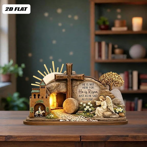 He Is Risen Easter Wooden Empty Tomb Resurrection Scene Cross Hill Tabletop Centerpiece Mantel Shelf Tiered Tray Religious Home Decor Spring Holiday Gift Ornament Set Table Decor Gift
