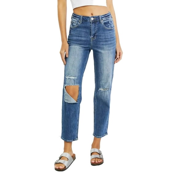 Risen Emily Women's High Rise Relaxed Distressed Cropped Jeans