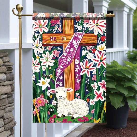He Is Risen Garden Flag 12x18 Inch Double Sided Outdoor Yard Banner Cross and Lamb with Floral Easter Lily Design Spring Christian Decoration for Porch Lawn Garden Decor