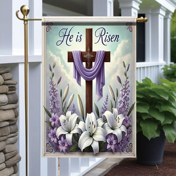 He Is Risen Garden Flag 12x18 Inch Double Sided Outdoor Yard Banner Cross with Lilies and Purple Cloth Easter Christian Religious Celebration Decoration Decor
