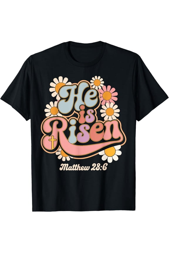 He is Risen Groovy Retro Style for Christian Easter T-Shirt- 2026 Easter Soft Casual Cotton Short Sleeve T-Shirt Easter Bunny & Eggs Lightweight Graphic Holiday Tee