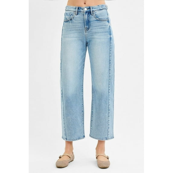 Risen High Rise Crop Length Barrel Jeans Adjustable Waist Band