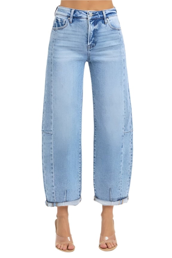 - High-Rise Barrel Leg Jeans with Seam Detailing and Adjustable Cuff (25.5" Inseam) - RDP5933