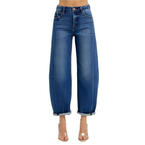 Risen Jeans - High-Rise Barrel Leg Jeans with Seam Detailing and Adjustable Cuff (25 1/2" Inseam) - RDP5933