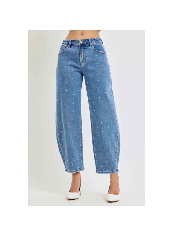 High Rise Crop Barrel Polka Dot Embroidery Jeans: Cropped Embroidered Denim