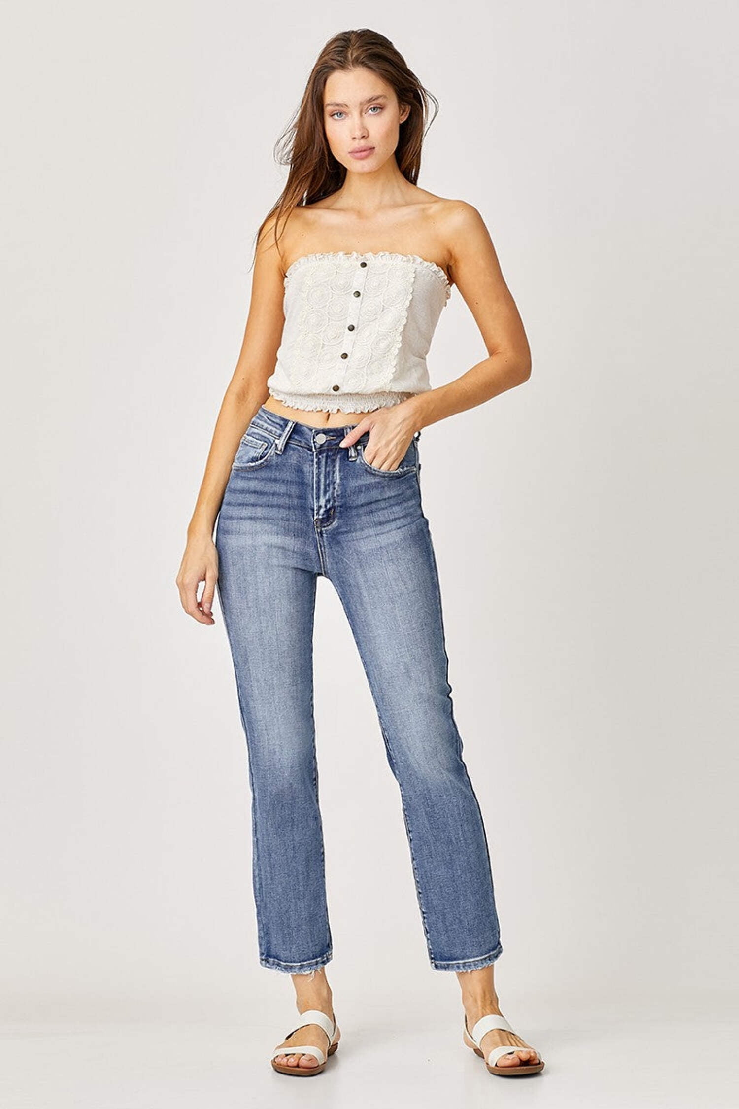 RISEN High Rise Distressed Crop Straight Jeans