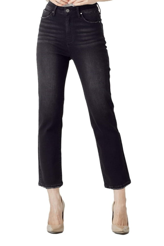 - High-Rise Cropped Straight Leg Jeans with Distressed Raw Hem (27" Inseam) - RDP5250