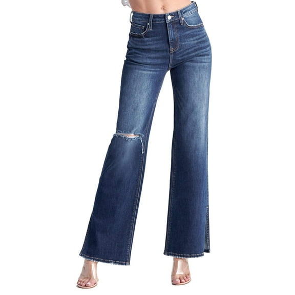 Risen Jeans - High Rise Distressed Wide Flare Jeans in Dark Indigo (33" Inseam) - RDP5385