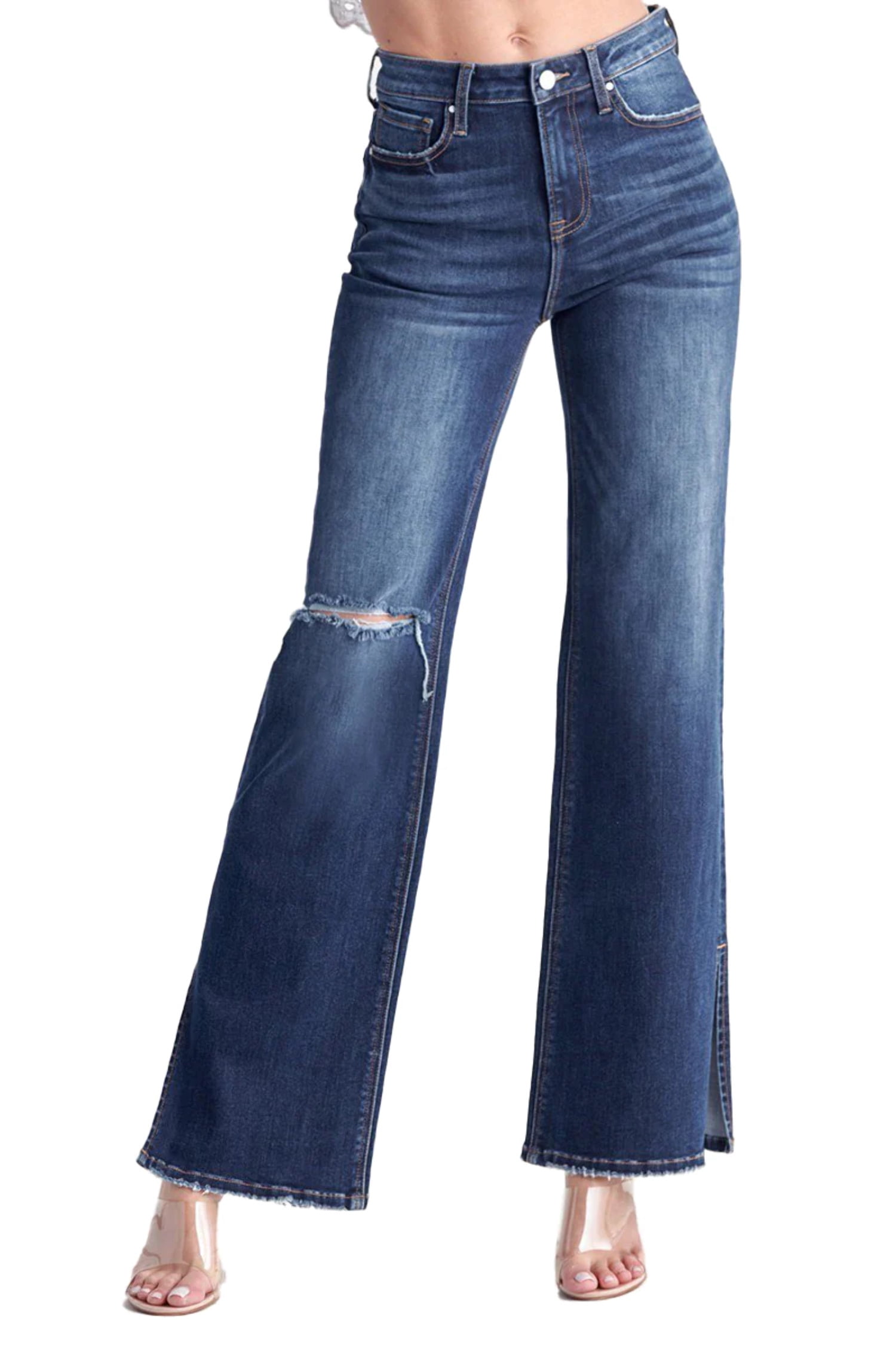 Risen Mid Rise Flare Jeans with Frayed Hem – Plus Size Dark Blue Denim