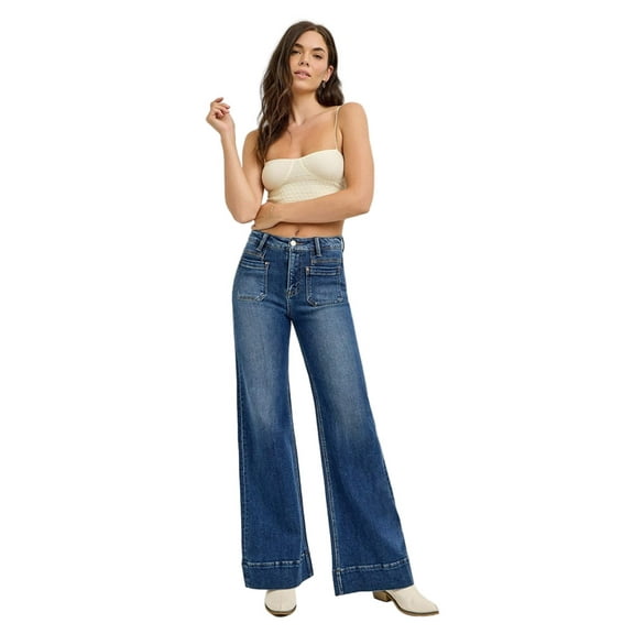 Risen Jeans - High-Rise Full-Length Wide Flare Jeans with Front Patch Pockets (33" Inseam) - PW21004