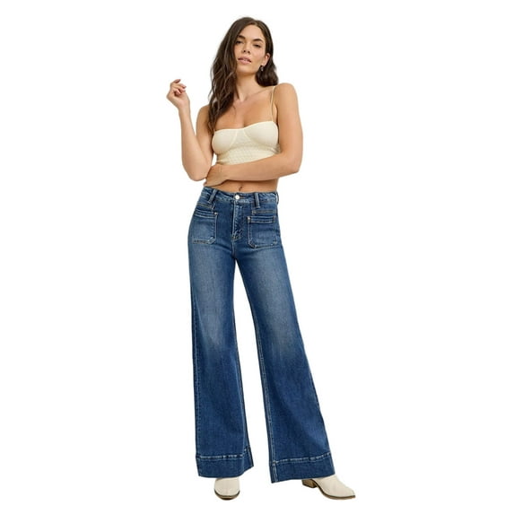 Risen Jeans - High-Rise Full-Length Wide Flare Jeans with Front Patch Pockets (33" Inseam) - PW21004