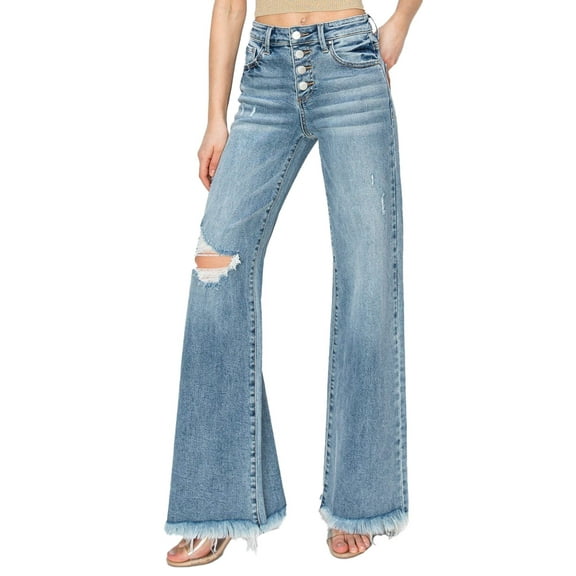 Risen Jeans - Mid-Rise Button Down Wide Leg Jeans with Distressed Hem (32 1/2" Inseam) - RDP5412HD