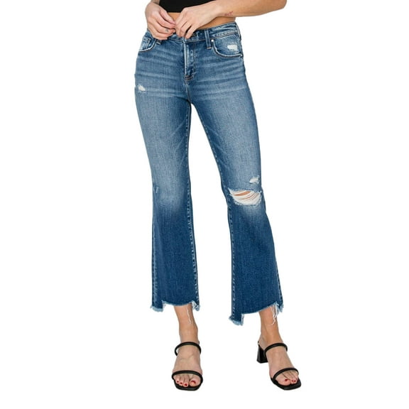 Risen Jeans - Mid-Rise Straight Leg Jeans with Frayed Step Hem and Distressed Accents (29" Inseam) - RDP5785