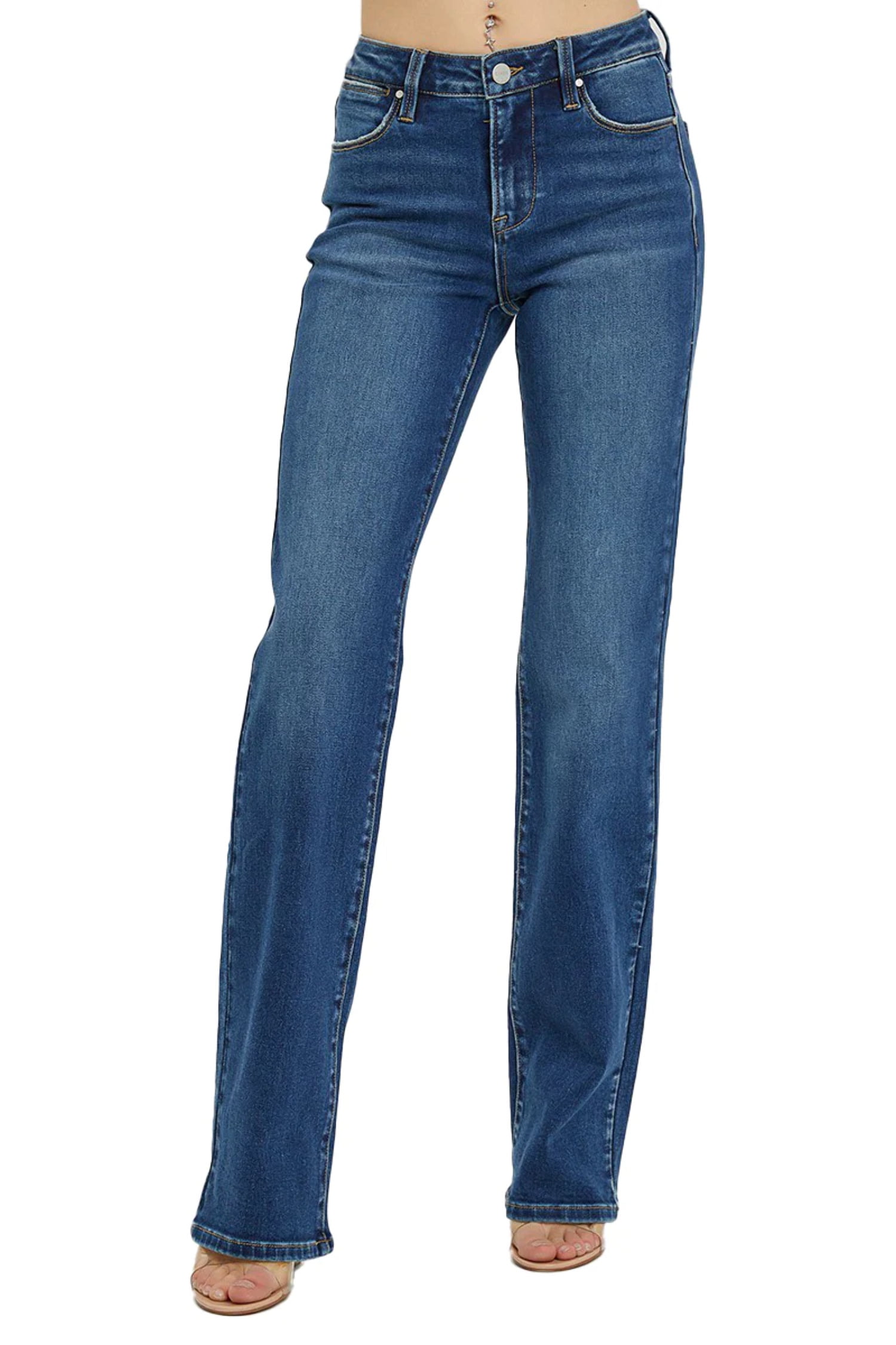 RISEN Mid Rise Ankle Straight Jeans with Cuffed Hem