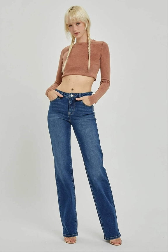 Mia Mid Rise Long Straight Jeans by Risen Jeans RDP5509 Dark