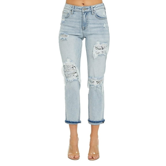 Risen Jeans - Mid Rise Sequins Patched Tapered Jeans - RDP5414