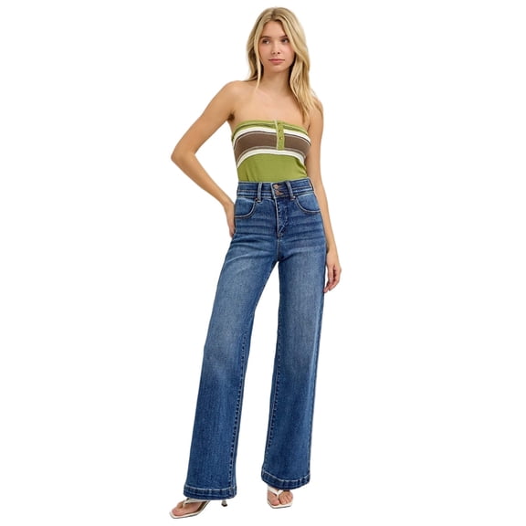 Risen Jeans - Tummy Control Elastic Band High Rise Wide Double Waist Jeans (32 1/2" Inseam) - RDP5919
