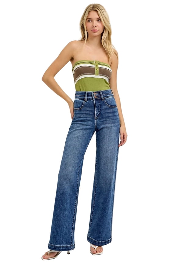- Tummy Control Elastic Band High Rise Wide Double Waist Jeans (32 1/2" Inseam) - RDP5919