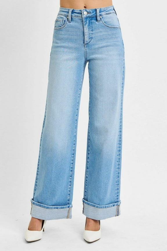 - Tummy Control High Rise Cuffed Wide Jeans - PW21046