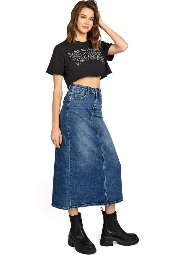 Womens Juniors High Rise Midi Denim A Line Skirt (Dark Denim, Large)