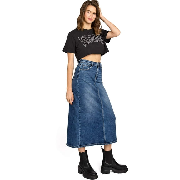 Risen Jeans Womens Juniors High Rise Midi Denim A Line Skirt (Dark Denim, Small)