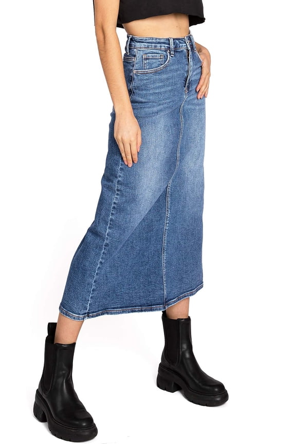Womens Juniors High Rise Midi Denim A Line Skirt (Medium Denim, Small)