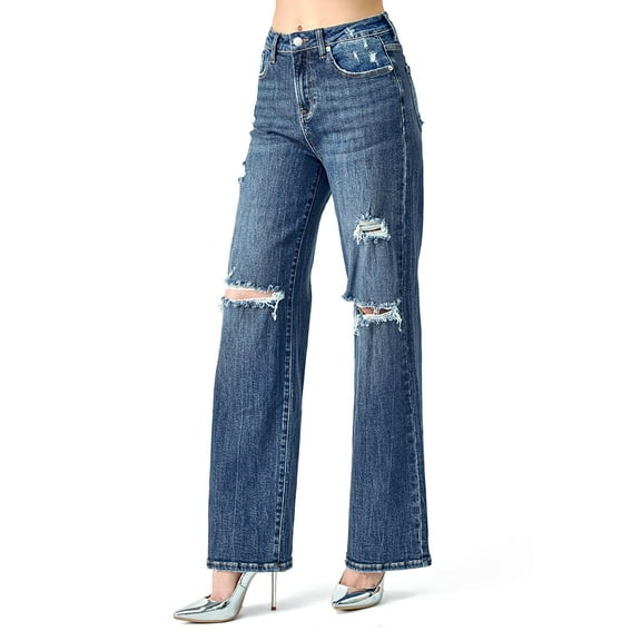 Risen Jeans Womens Juniors High Rise Wide-Leg Denim Pants (Dark Denim, 11)