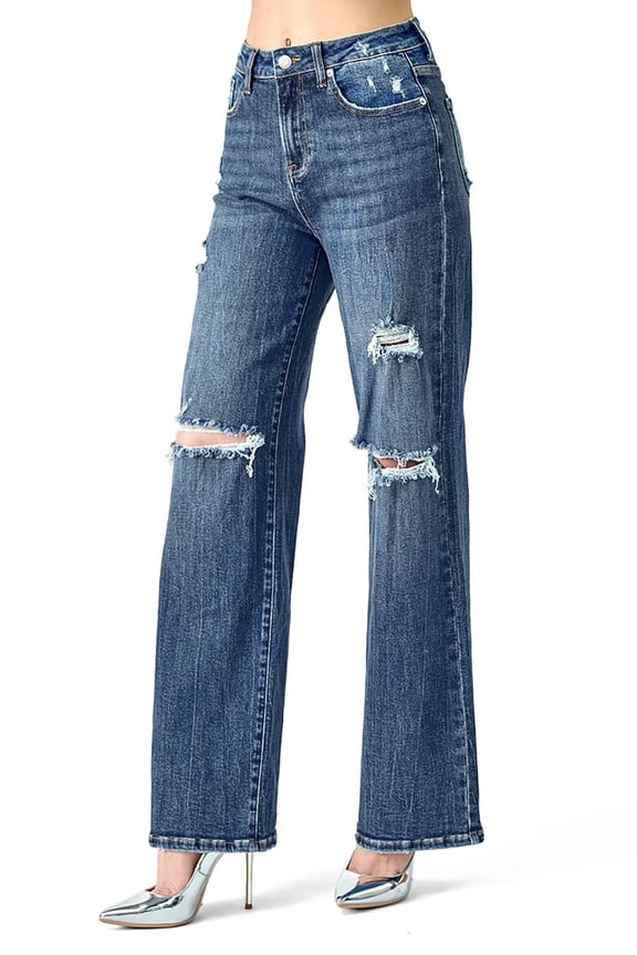 Womens Juniors High Rise Wide-Leg Denim Pants (Dark Denim, 9)