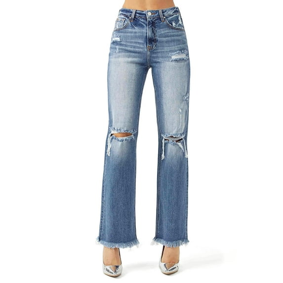 Risen Jeans Womens Juniors High Rise Wide Straight-Leg Denim Pants (Dark Denim, 15)