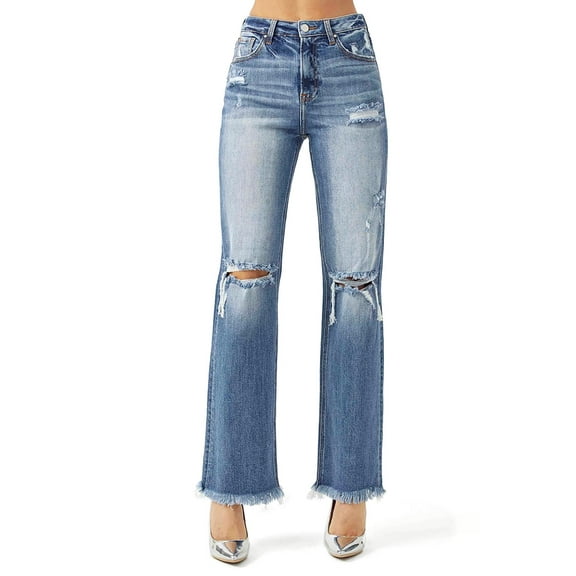 Risen Jeans Womens Juniors High Rise Wide Straight-Leg Denim Pants (Dark Denim, 5)