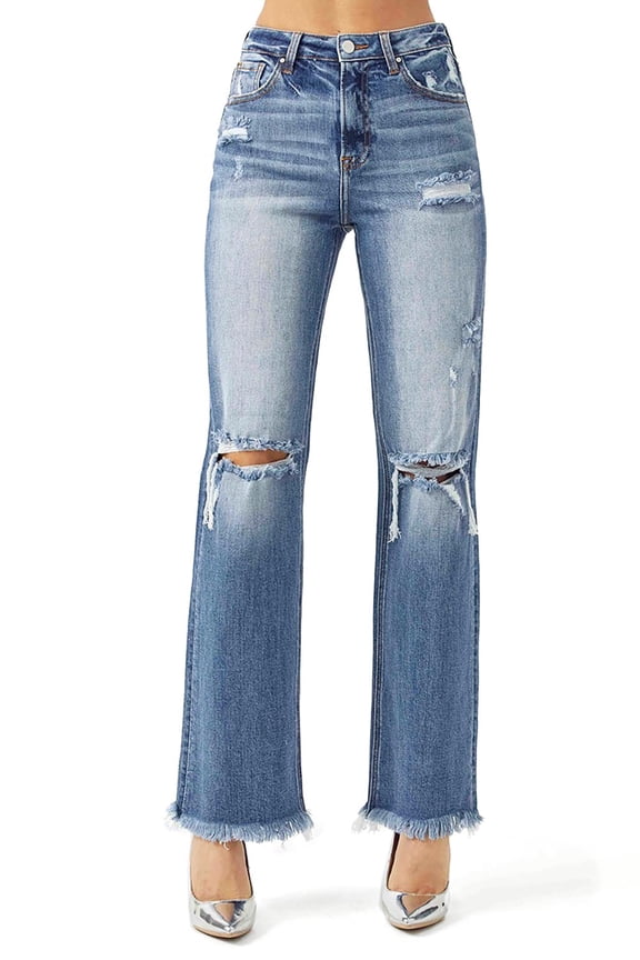 Womens Juniors High Rise Wide Straight-Leg Denim Pants (Dark Denim, 5)