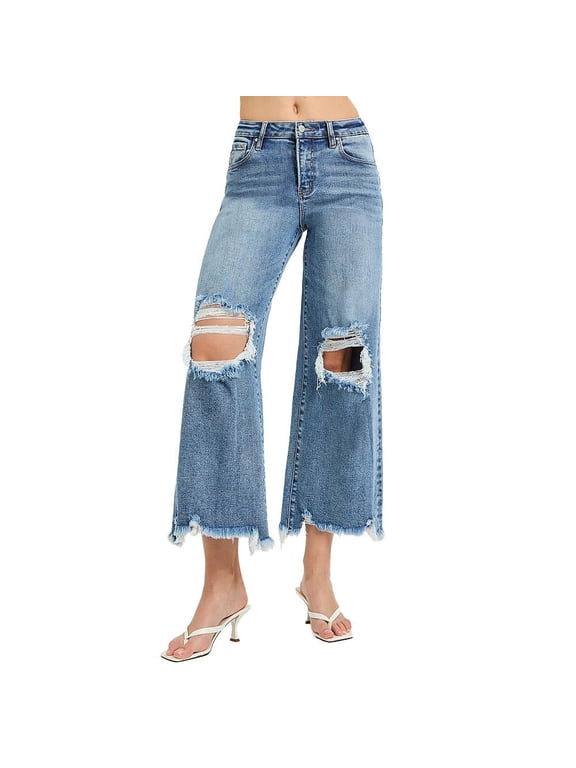 Womens Risen Medium High Rise Crop Distressed Jeans 1