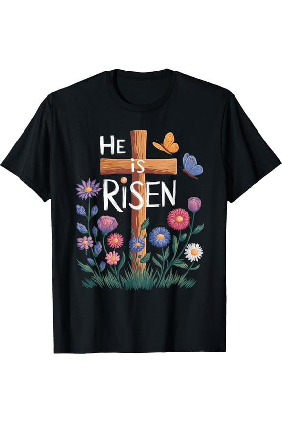 He Is Risen Jesus Floral Christian Easter T-Shirt- 2026 Easter Soft Casual Cotton Short Sleeve T-Shirt Easter Bunny & Eggs Lightweight Graphic Holiday Tee