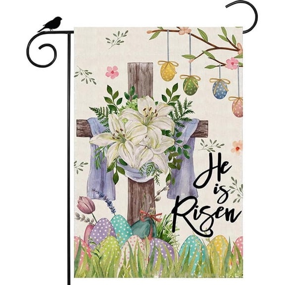 He Is Risen Light Blue Easter Garden Flag 12x18 Double Sided Linen-Polyester UV Resistant Weatherproof Christian Outdoor Church Family Yard Decoration
