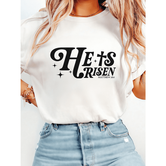 Risen Matthew 28:6 Christian Graphic Tees He is Risen Lettering Print T-shirts Biblical Verse Easter Apparel Resurrection Sunday Tops White,4XL