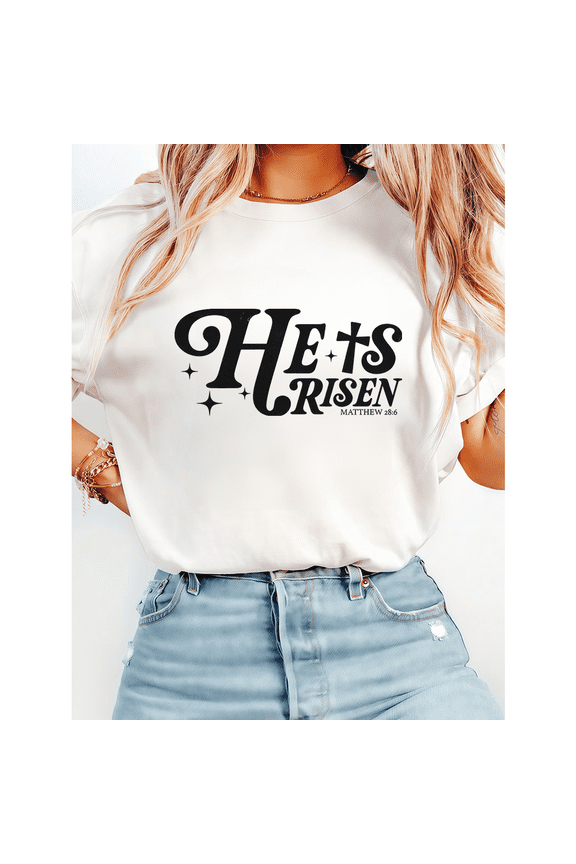 Risen Matthew 28:6 Christian Shirts for Women Biblical Verse Easter Apparel He is Risen Lettering Graphic Tees Resurrection Sunday Tops for Daily Outfits White,M